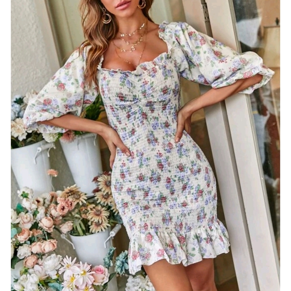 Boho All Over Floral Print Ruffle Bodycon Dress